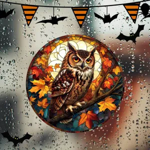 Halloween Buntglas Eule Fensteraufkleber, statische Herbst Ahornblatt Deko für Glas.
