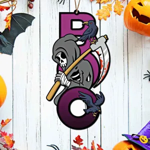 Halloween Holz Turschild Hanger mit Sensenmann Rabe Motiv Dekoration, Detailansicht.