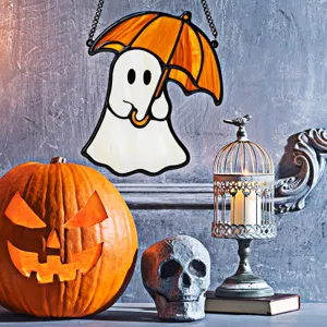 Halloween acrylic ghost hanging decoration with umbrella, holiday wall decor detail view