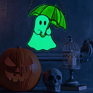 Halloween glowing acrylic ghost umbrella hanging pendant, spooky wall decoration for party.