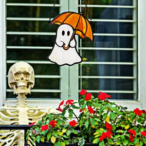Halloween fluorescent acrylic ghost hanging pendant with orange umbrella for window decor.