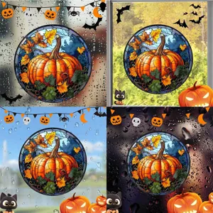 Halloween Fensteraufkleber Buntglas Kürbis Katze statische Glasfolie Feiertagsdekor