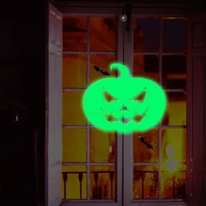 Halloween glowing pumpkin window hanging decor with bats, perfect for spooky party decoration.