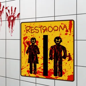 Gruseliger Halloween WC Wandaufkleber mit blutigen Handabdruck und Horror Motiv für Deko.