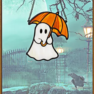 Halloween ghost window hanging acrylic stained glass decoration with orange umbrella pendant.