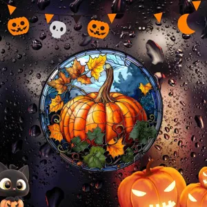 Halloween Buntglas Fensteraufkleber mit grossem Herbstkuerbis, einfache statische Fenstereko.