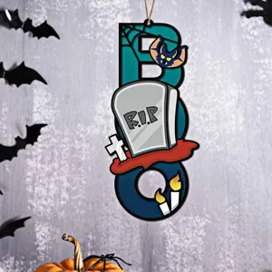 Halloween Holzschild BOO Haengeschild doppelstufige Grusel Deko Tueranhaenger Party Ornament