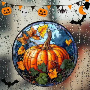Halloween Buntglas Kürbis Fensteraufkleber Detailansicht, farbige Herbst Fensterdeko Aufkleber.