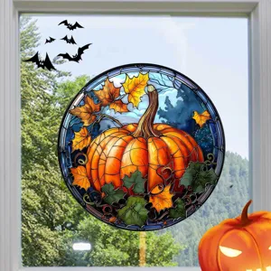 Halloween Buntglas Fensteraufkleber mit festlichem Kürbis und Fledermäusen für Innendekoration.