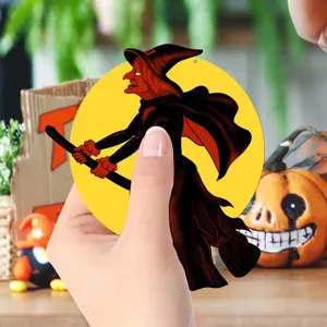 Halloween witch hanging sign detail, round decorative ornament with classic spooky moon design.