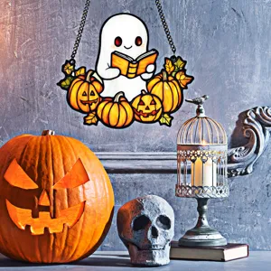 Halloween ghost reading book acrylic hanging ornament, festive wall decor pendant for holiday party.
