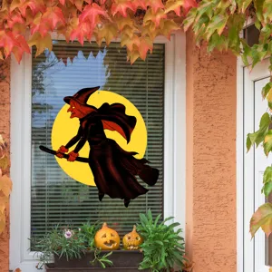 Halloween hanging witch window sticker detail, glowing moon design, festive holiday decor.