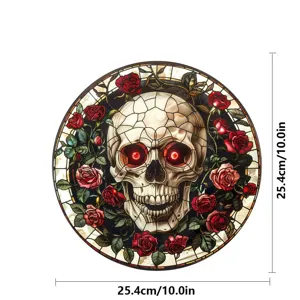 Halloween Buntglas Totenkopf Fensteraufkleber mit roten Rosen, 10 Zoll runde Folie.