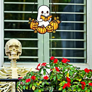 Halloween acrylic ghost hanging decoration with pumpkins for wall and window party decor