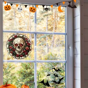 Halloween Totenkopf Glasaufkleber farbig, gruselige Fensterfolie fur herbstliche Deko.
