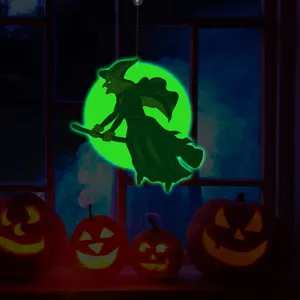 Halloween glowing witch window sticker, double-sided luminous hanging decor for party.