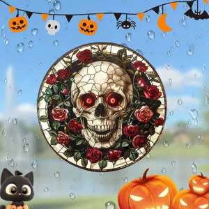 Halloween Buntglas Totenkopf Fensteraufkleber, gruselige Deko Folie für Glasflächen.