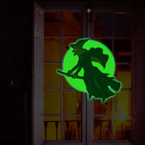 Halloween glowing witch window sticker, double sided luminous wall decal for spooky party decor.