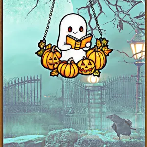 Halloween acrylic hanging pendant spooky ghost reading book with pumpkins wall decor