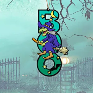 Hölzernes Halloween BOO Hängeschild mit Hexe Fledermaus Muster gruselige Tür Wand Deko