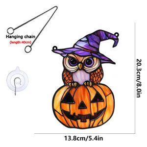 Halloween owl pumpkin acrylic hanging ornament detail view with chain and suction cup.