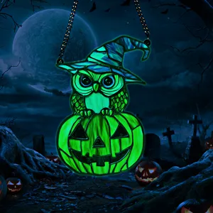 Halloween glowing acrylic owl witch hat and pumpkin hanging ornament for holiday wall decor.