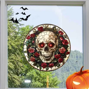 Halloween Buntglas Totenkopf Fensteraufkleber mit roten Rosen für feiertägliche Heimdekoration.