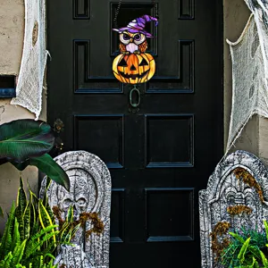 Close-up of the Halloween acrylic owl pumpkin decor, perfect for festive wall display.