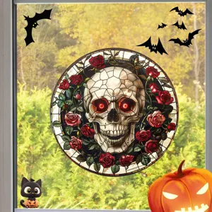 Halloween Buntglas Totenkopf Fensteraufkleber mit roten Rosen für gruselige Dekoration.