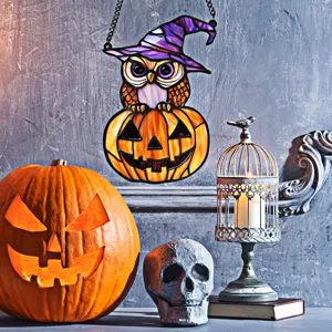 Halloween acrylic owl witch hat pumpkin hanging decoration, stained glass style festival wall decor.