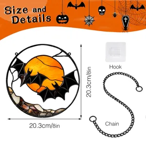 Halloween stained glass metal hanging decor with moon and bats design, size 20.3cm with chain.