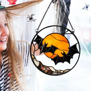 Halloween metal hanging decoration with stained glass moon and bats, perfect for spooky home decor.