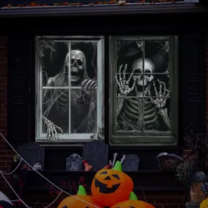 Halloween window banners featuring creepy skeleton designs for spooky holiday party home decor.