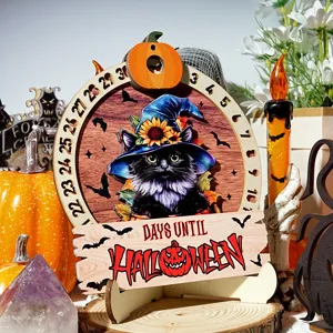 Halloween Wooden Countdown Calendar Rotary Perpetual Desk Ornament With Wood Base And Hemp Rope Holiday Party Decor