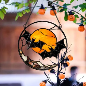 Halloween metal hanging decor round bat moon wall art acrylic pendant ornament