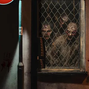 Dettaglio di puntello di finestra zombie orrore di Halloween, decorazione spaventosa per festa.