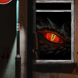 Halloween horror monster red glowing eye fake window scene detail decoration sticker.