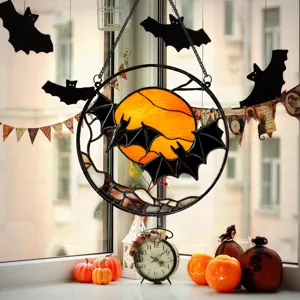 Halloween metal hanging decor stained glass bat moon wall ornament for holiday party