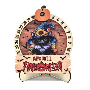 Halloween Wooden Countdown Calendar Tabletop Ornament with Black Cat and Witch Hat
