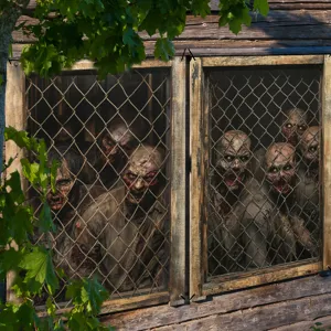 Dettaglio di finta finestra zombie orrore Halloween, spaventosa decorazione festa.