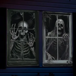 Halloween scary skeleton window decoration banner fake window hanging poster spooky props.