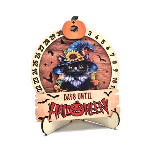 Halloween wooden countdown calendar ornament, black cat witch hat desktop decor display.
