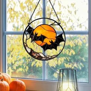 Halloween stained glass window hanging decoration featuring a spooky bat and glowing moon design.
