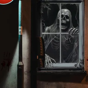 Halloween horror skeleton fake window decoration poster spooky party wall decor creepy prop detail