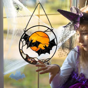 Halloween stained glass style hanging decoration featuring moon and bats for window wall display scene