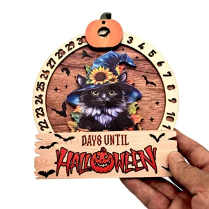 Halloween countdown wooden calendar ornament with cute black cat and pumpkin design.