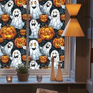 Halloween window sticker static cling, scary pumpkin ghost glass decal for holiday home decor.