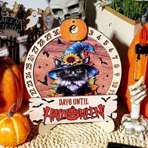 Halloween countdown wooden calendar plaque with cute witch cat and pumpkin design decor.