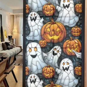 Halloween pumpkin ghost window sticker, static cling PVC glass film for holiday decor.