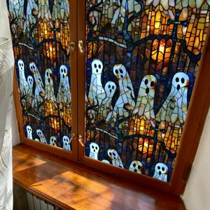 Detailed view of Halloween ghost stained glass window sticker, decorative PVC glass film.